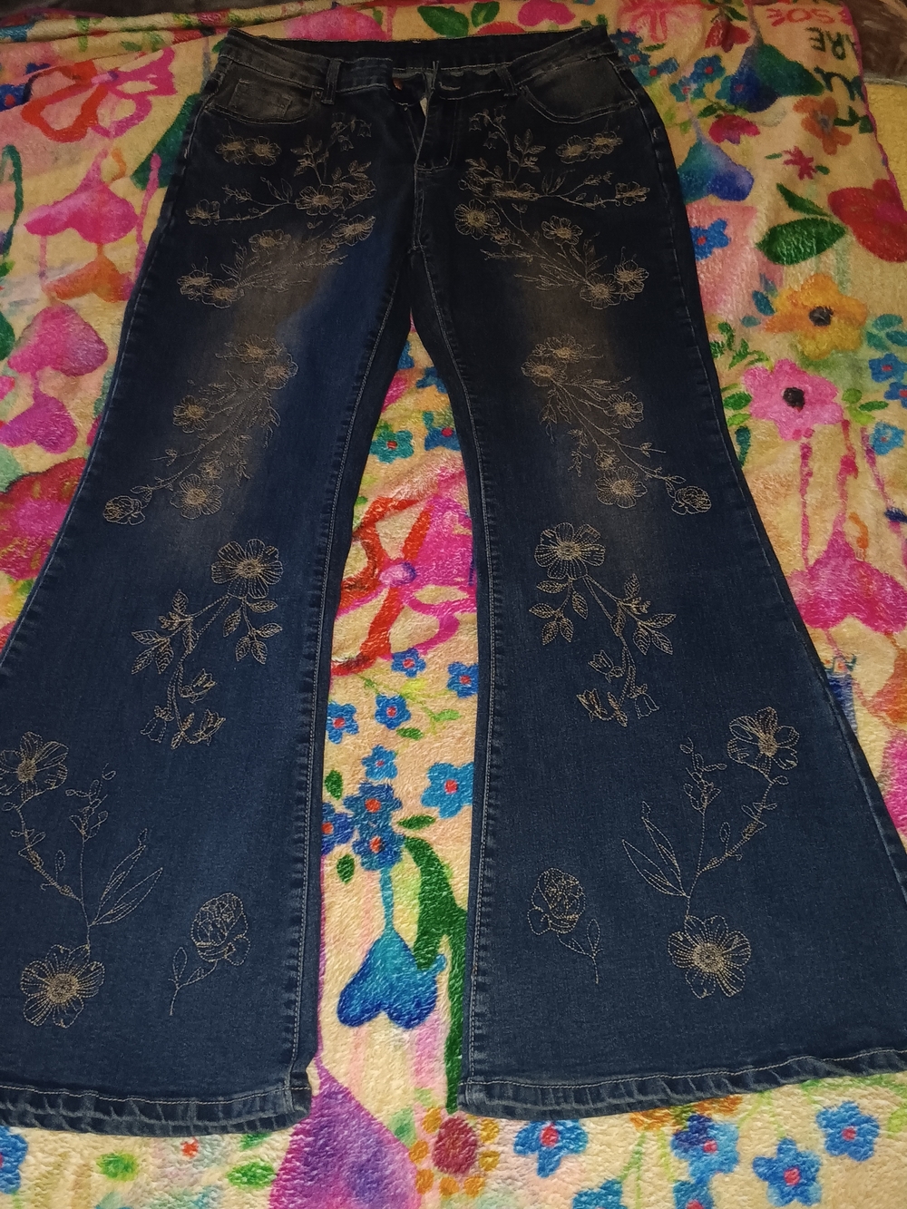 ROMWE Dark Blue Floral Embroidered Flare Jeans
